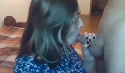 Busty teen with glasses gives a cool blowjob to her boyfriend on a web cam show