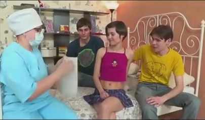 Short haired teenage babe with small boobs lets her bro and boyfriend fuck her