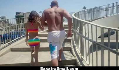 Small cute Asian teenage girl fucked on the beach in her cute rainbow swimsuit