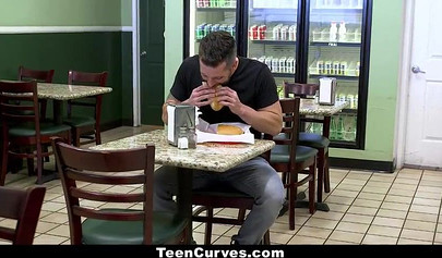 Unbelievably lucky guy fucks a hot slutty waitress teen in her working bathroom