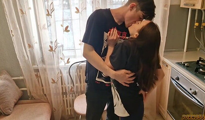 No space for privacy, so they fuck on the kitchen floor.