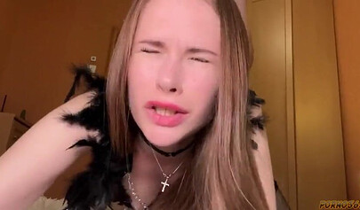 Stepsister tries on new lingerie and ends up blowing her stepbrother.