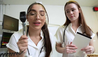 Three medical interns try to cure a patient’s priapism with their pussies.
