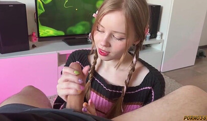 He has to ask, but this green-eyed beauty gives a great blowjob.