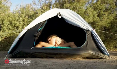 Real amateur teen couple explores the nature and has passionate sex in a tent