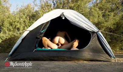 Real amateur teen couple explores the nature and has passionate sex in a tent
