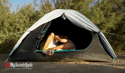 Real amateur teen couple explores the nature and has passionate sex in a tent