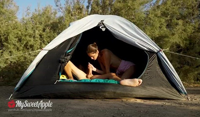 Real amateur teen couple explores the nature and has passionate sex in a tent