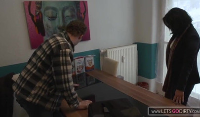 Chubby teenage babe fucks her own stepfather in the kitchen and also blows him