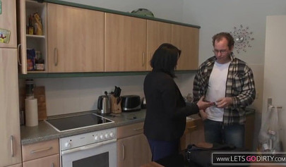 Chubby teenage babe fucks her own stepfather in the kitchen and also blows him