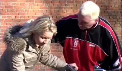 Blonde teen seduced by an older guy into oral sex and rough hammering outside