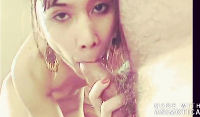 Asian teenie slobbers on a hard cock and takes it deep before swallowing his cum