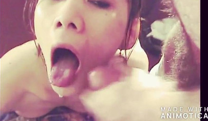 Asian teenie slobbers on a hard cock and takes it deep before swallowing his cum