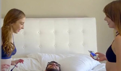 Two petite redheads seduce a sleeping guy before fucking him in a hot threesome