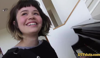 Adorable brunette teenie Yhivi gives a sloppy blowjob and has her ass hammered