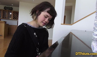 Adorable brunette teenie Yhivi gives a sloppy blowjob and has her ass hammered