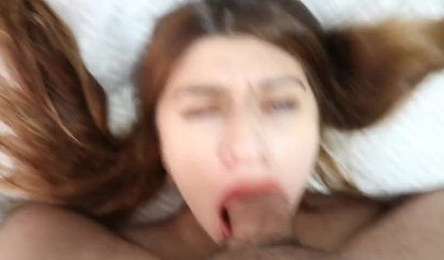 Beautiful redhead nubile chokes on a huge cock shoved deep down her horny throat