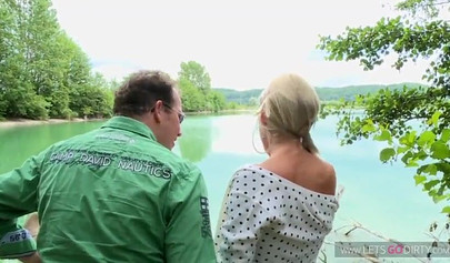 Bombastic blonde teen with big round tits gets all of her holes pounded outside