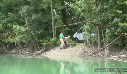 Bombastic blonde teen with big round tits gets all of her holes pounded outside