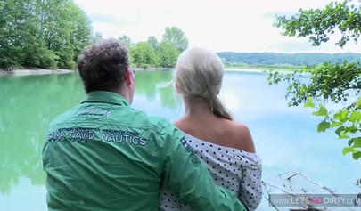 Bombastic blonde teen with big round tits gets all of her holes pounded outside