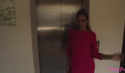 Lusty blonde teenie gives a sloppy blowjob and gets pounded hard in an elevator
