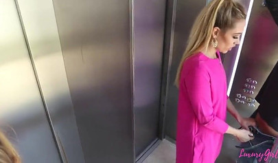 Lusty blonde teenie gives a sloppy blowjob and gets pounded hard in an elevator