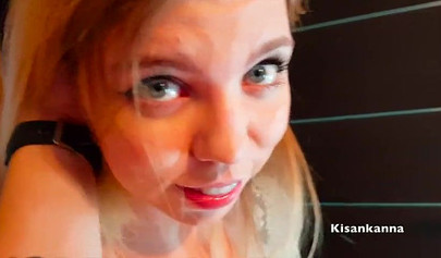 Cute blonde teenie with big natural tits deepthroats a fat meat and gets a facial