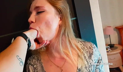 Cute blonde teenie with big natural tits deepthroats a fat meat and gets a facial