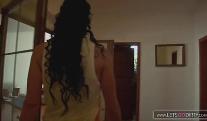 Curly brunette teen sucks a hard cock before having her pussy licked and pounded