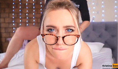 Dazzling blonde teen with a perfect body swallows his rod and takes it doggy style