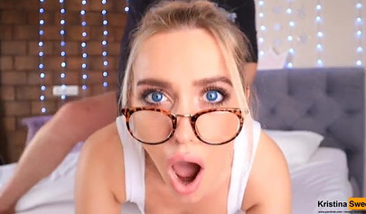 Dazzling blonde teen with a perfect body swallows his rod and takes it doggy style