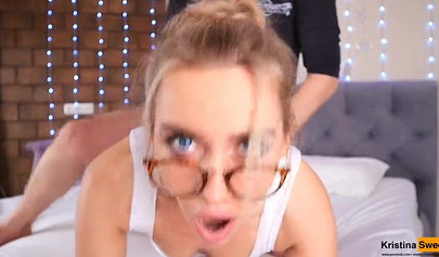 Dazzling blonde teen with a perfect body swallows his rod and takes it doggy style