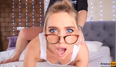 Dazzling blonde teen with a perfect body swallows his rod and takes it doggy style