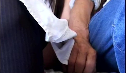 Amateur black-haired nubile spit roasted by two horny older guys with hard cocks