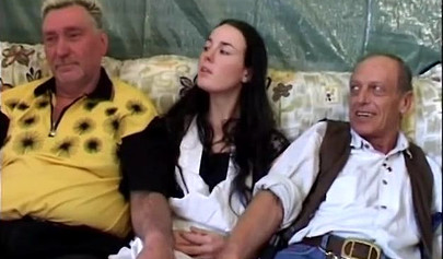 Amateur black-haired nubile spit roasted by two horny older guys with hard cocks