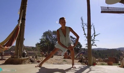 Blonde teen does yoga in a skirt in public and flashes her pussy and asshole