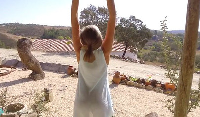 Blonde teen does yoga in a skirt in public and flashes her pussy and asshole