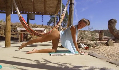 Blonde teen does yoga in a skirt in public and flashes her pussy and asshole