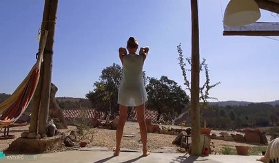 Blonde teen does yoga in a skirt in public and flashes her pussy and asshole