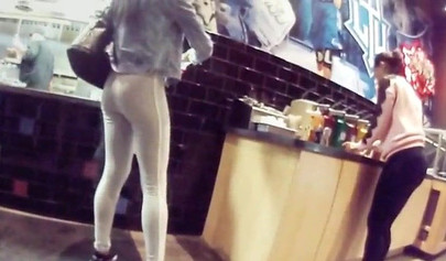 White blonde curly teen girl with a thick ass sucks a dick in a public place