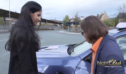 German brunette teen fucks an older guy behind stairs and she totally loves it