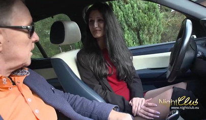 German brunette teen fucks an older guy behind stairs and she totally loves it