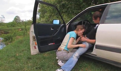Hot teenage couple have sexual intercourse in public on top of an old timer car