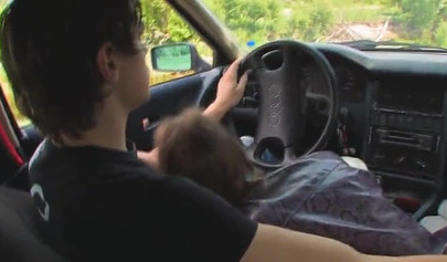 Hot teenage couple have sexual intercourse in public on top of an old timer car