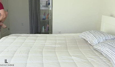 Teen Lindsey Love makes passionate love on a huge bed with her brother Mike Love