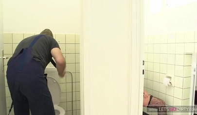 Tattoed German teen gets fucked on the bathroom toilet bowl and the floor too