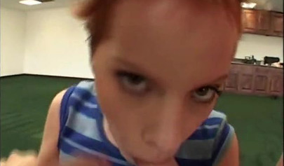 Redhead teen with short hair gets double penetrated and showered in sticky cum