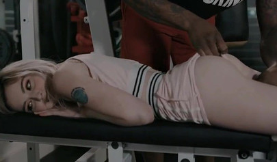 Blonde teen gets fucked in her little asshole in the middle of a gym session