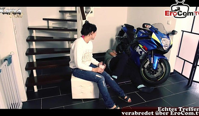 Busty German tattoed teen slut sucks and fucks next to a beautiful motorcycle