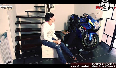 Busty German tattoed teen slut sucks and fucks next to a beautiful motorcycle